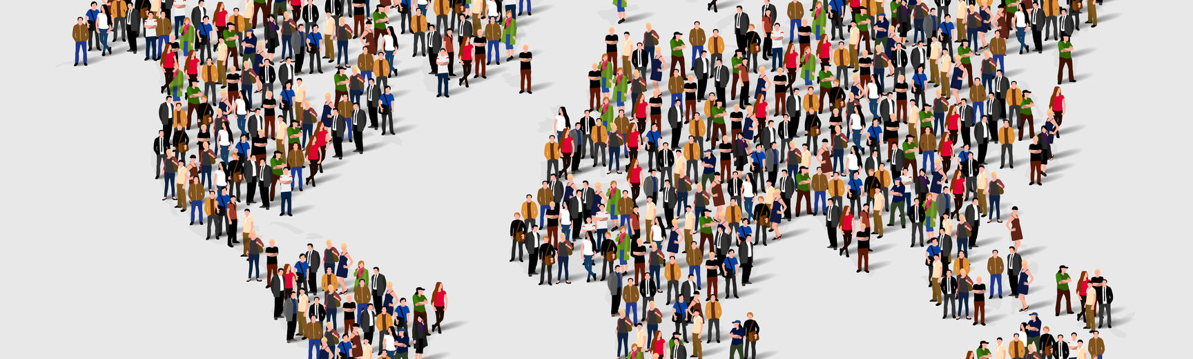 A drawing of lots of illustrated figures of people standing on a world map