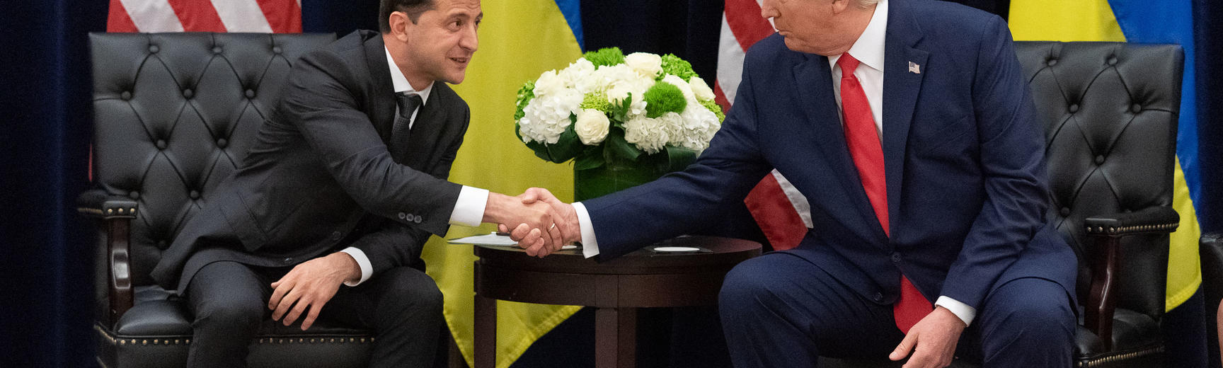 USA President Donald Trump shakes hands with President of Ukraine Volodymyr Zelensky