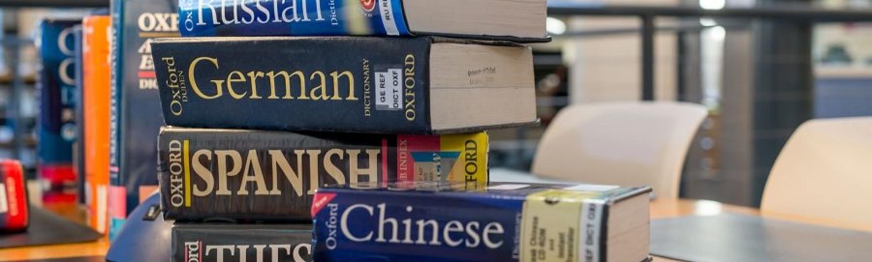 Pile of language dictionaries on a table