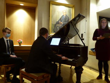 Piers Kennedy playing his compositions on the piano with Elizabeth Nurse singing and Till Stehr acting as pageturner